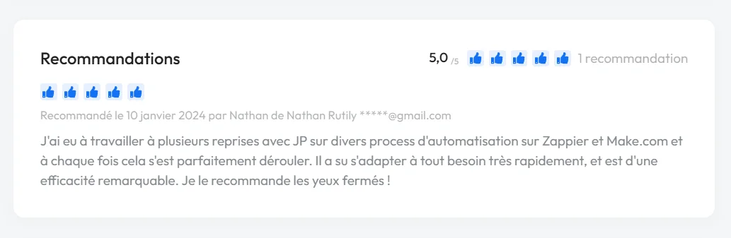 Capture d'un avis client laissé sur ComeUp ou Fiverr