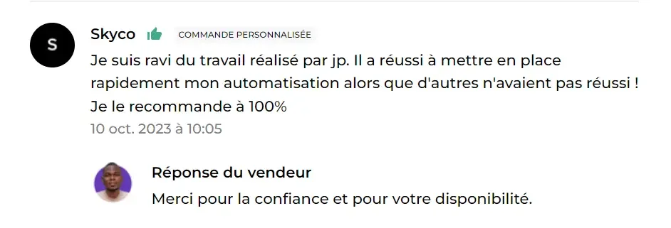 Capture d'un avis client laissé sur ComeUp ou Fiverr
