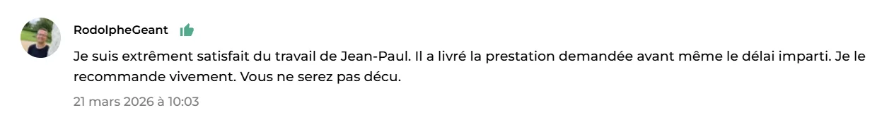 Capture d'un avis client laissé sur ComeUp ou Fiverr