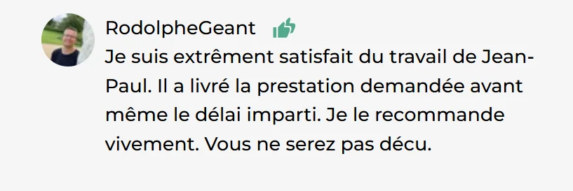 Capture d'un avis client laissé sur ComeUp ou Fiverr