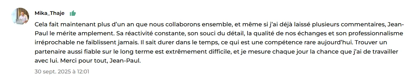 Capture d'un avis client laissé sur ComeUp ou Fiverr