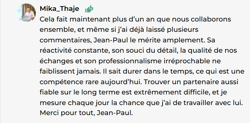 Capture d'un avis client laissé sur ComeUp ou Fiverr