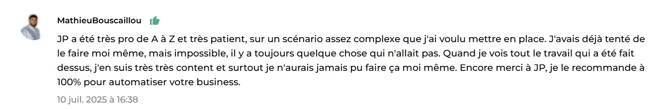 Capture d'un avis client laissé sur ComeUp ou Fiverr