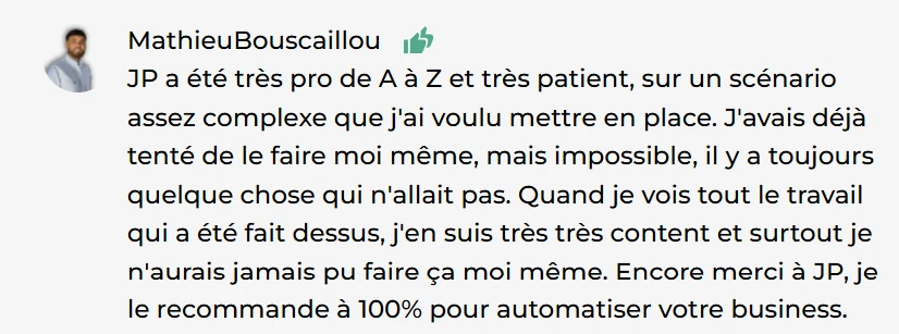 Capture d'un avis client laissé sur ComeUp ou Fiverr