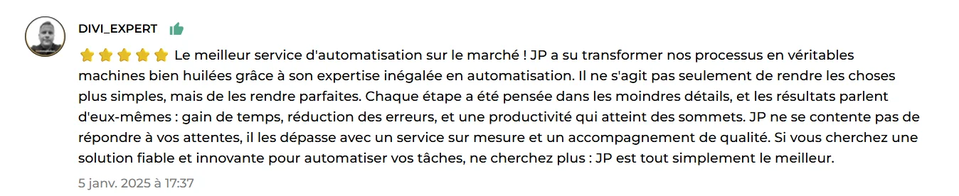 Capture d'un avis client laissé sur ComeUp ou Fiverr