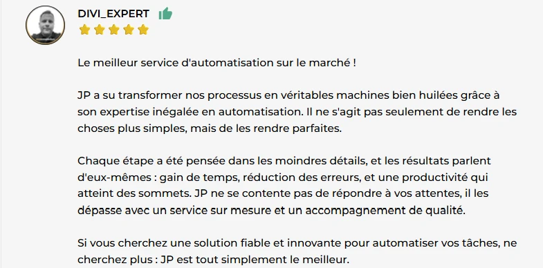 Capture d'un avis client laissé sur ComeUp ou Fiverr