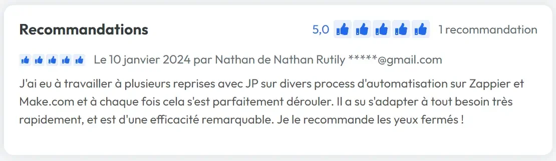 Capture d'un avis client laissé sur ComeUp ou Fiverr