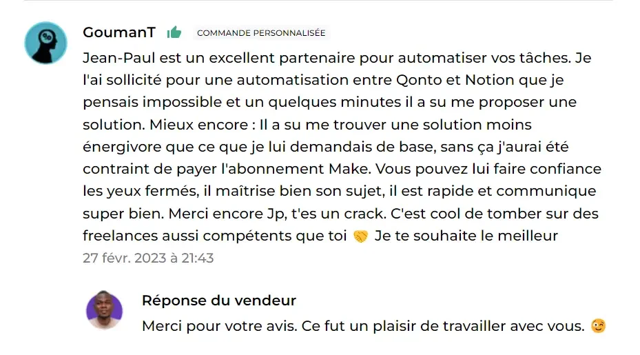 Capture d'un avis client laissé sur ComeUp ou Fiverr