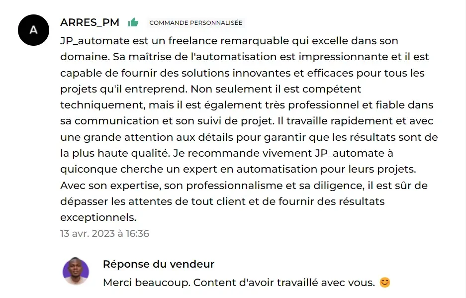 Capture d'un avis client laissé sur ComeUp ou Fiverr