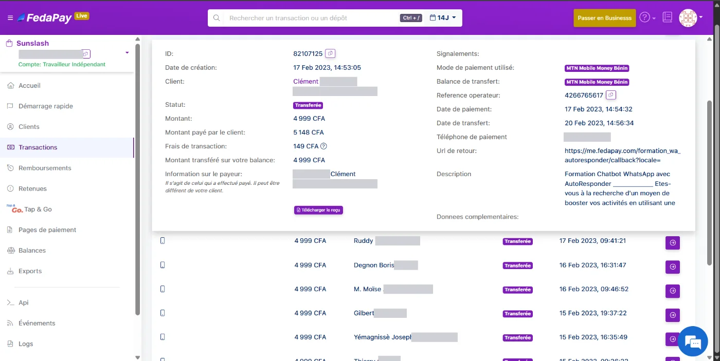 Détail d'une transaction chez un agrégateur de paiement : identifiant, montant en francs CFA, frais prélevés, statut « Transférée », mode de paiement MTN Mobile Money Bénin et horodatages du paiement puis du transfert