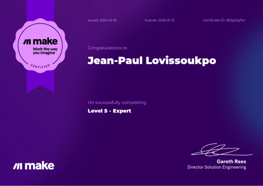 Certificat Certification niveau 5, Expert, délivré par Make