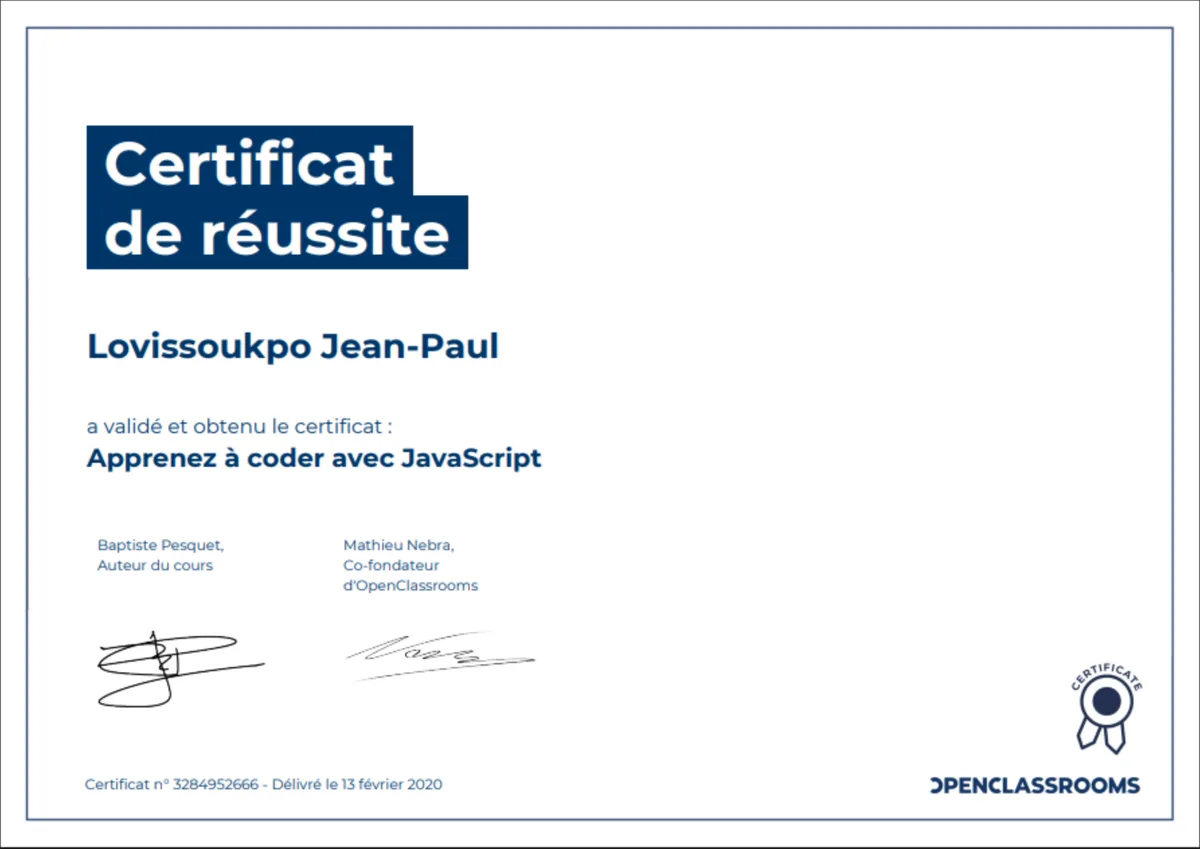 Certificat Apprenez à coder avec JavaScript, délivré par OpenClassrooms