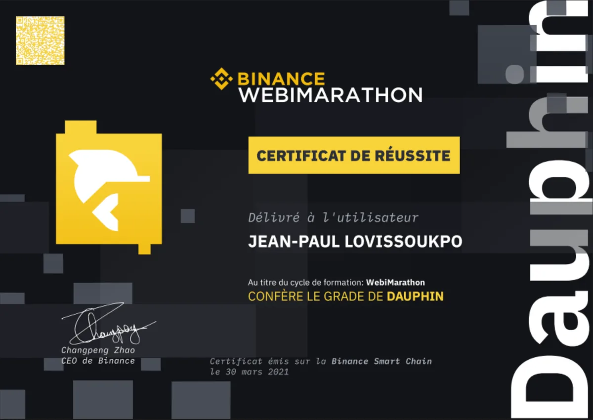 Certificat WebiMarathon, grade Dauphin, délivré par Binance