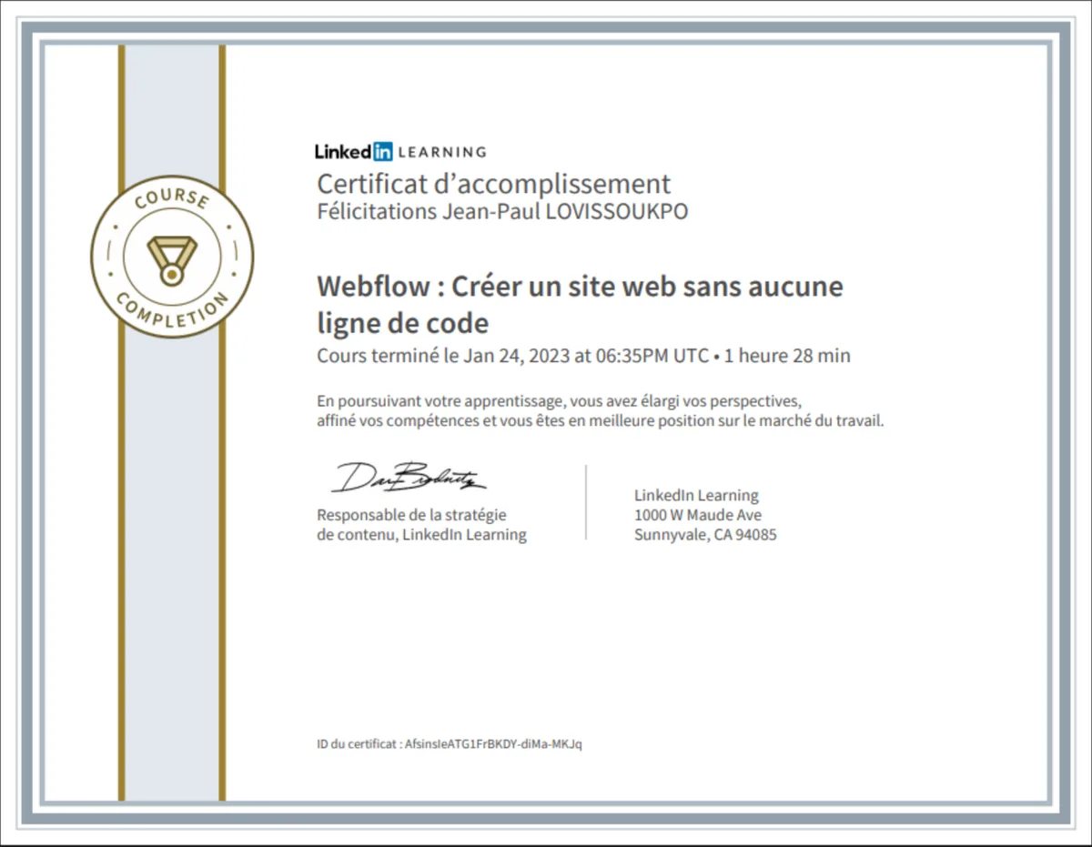 Certificat Webflow : créer un site web sans aucune ligne de code, délivré par LinkedIn Learning