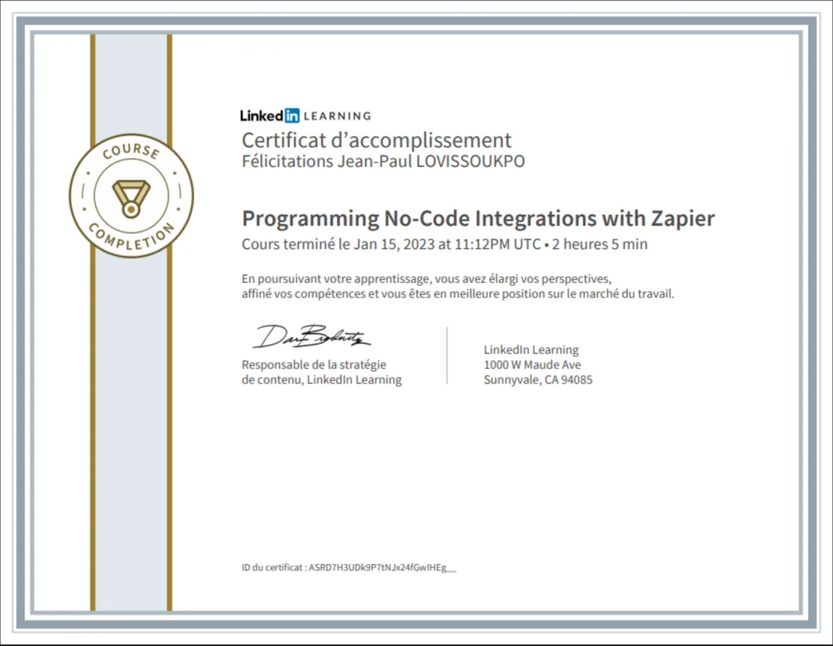 Certificat Programming No-Code Integrations with Zapier, délivré par LinkedIn Learning
