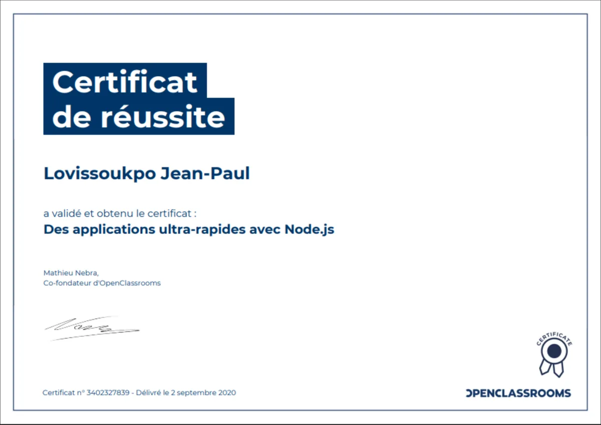 Certificat Des applications ultra-rapides avec Node.js, délivré par OpenClassrooms