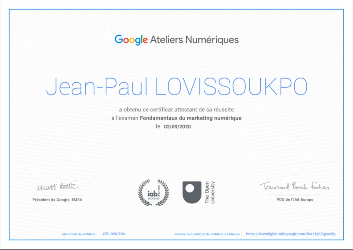 Certificat Fondamentaux du marketing numérique, délivré par Google Ateliers Numériques