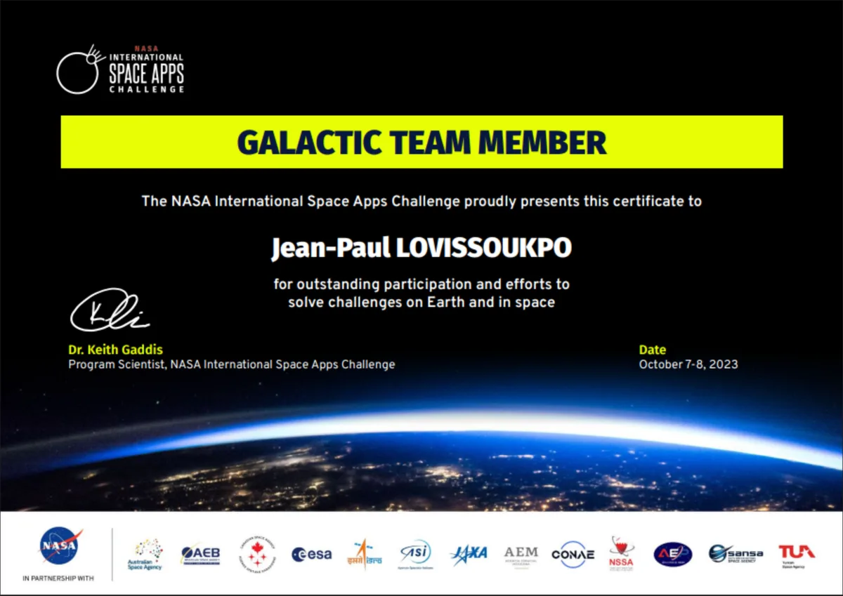 Certificat Galactic Team Member, délivré par NASA International Space Apps Challenge