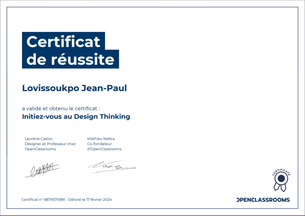 Certificat Initiez-vous au Design Thinking, délivré par OpenClassrooms