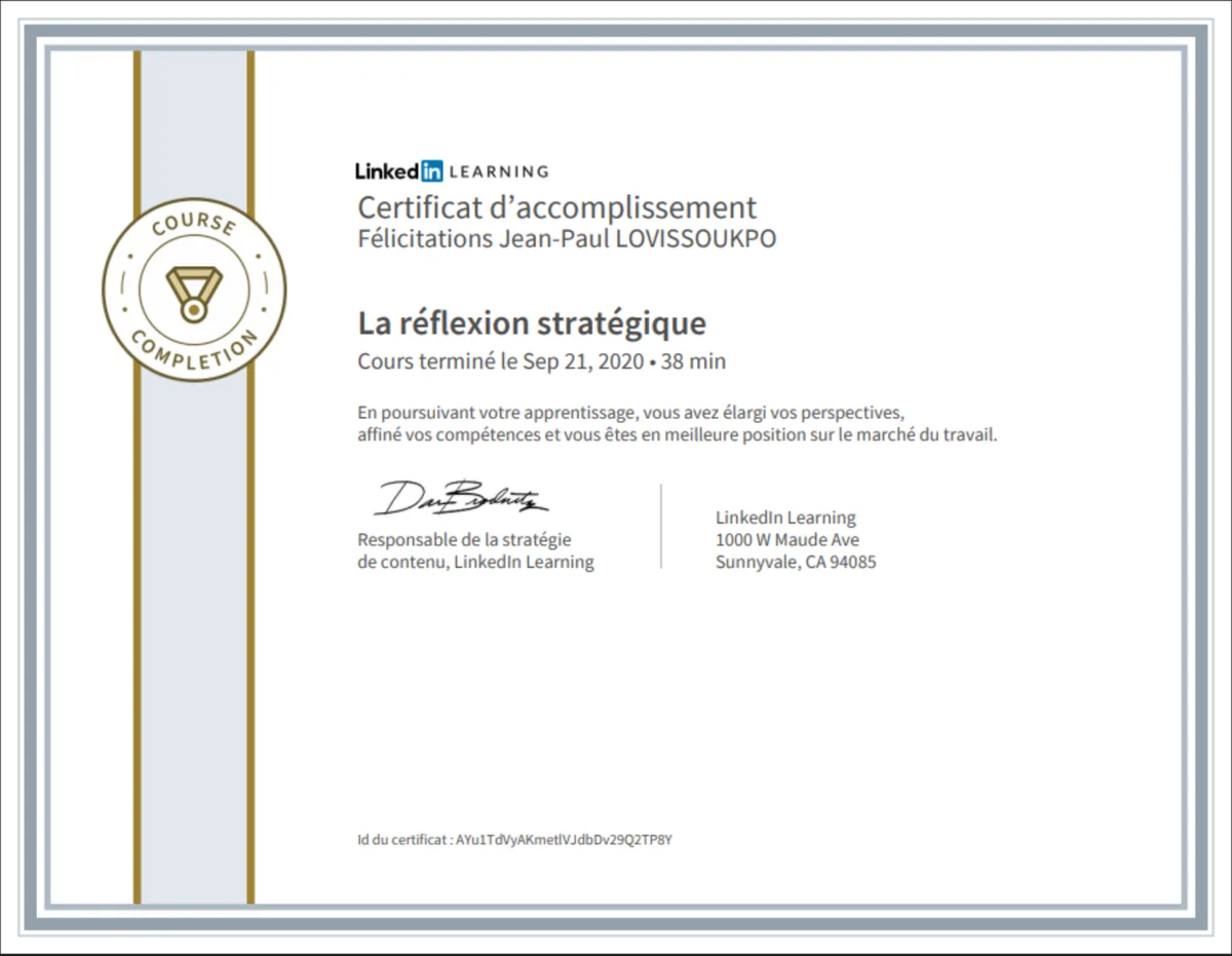 Certificat La réflexion stratégique, délivré par LinkedIn Learning