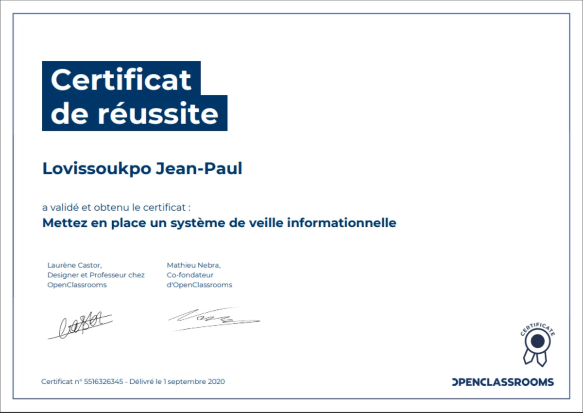 Certificat Mettez en place un système de veille informationnelle, délivré par OpenClassrooms