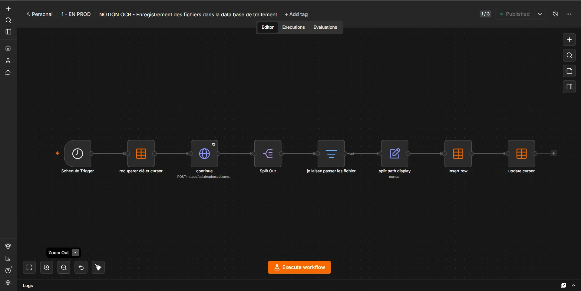 Workflow d'ingestion : les nouveaux fichiers Dropbox sont détectés et enregistrés dans la base de traitement