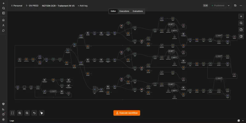 Le workflow n8n principal de traitement OCR vers Notion, avec ses trois chaînes de traitement parallèles