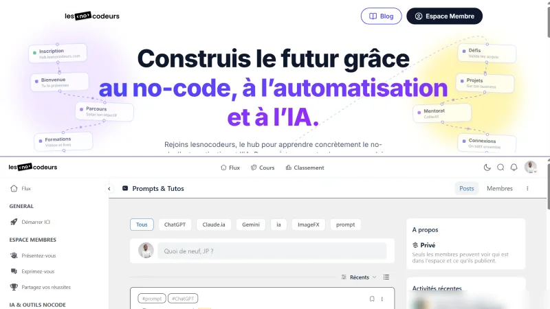 Le site public de lesnocodeurs au-dessus du hub communautaire, avec son espace Prompts et Tutos et ses parcours membres
