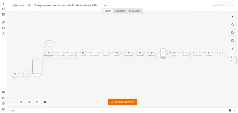 Le workflow n8n qui capte les leads Facebook, les dédoublonne, les attribue à un conseiller et les enregistre dans le CRM et MailerLite