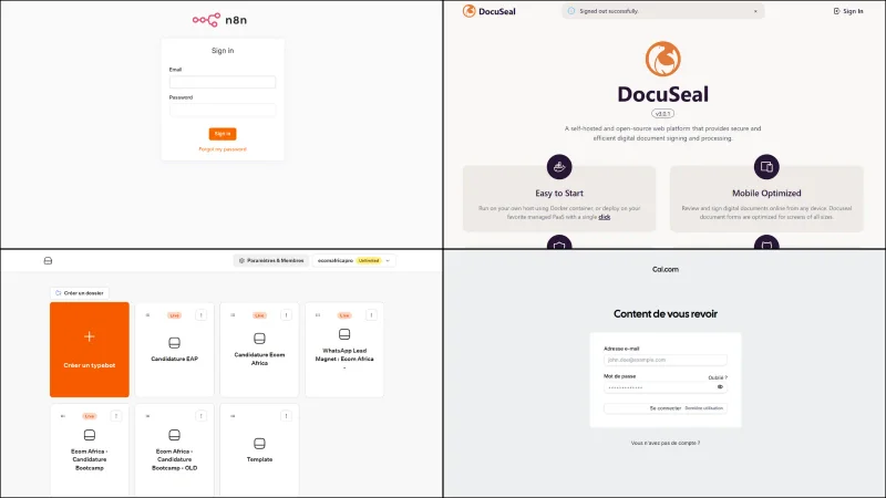 Quatre outils de la suite côte à côte : n8n, DocuSeal, l'espace Typebot avec les formulaires de candidature, et la page de connexion Cal.com