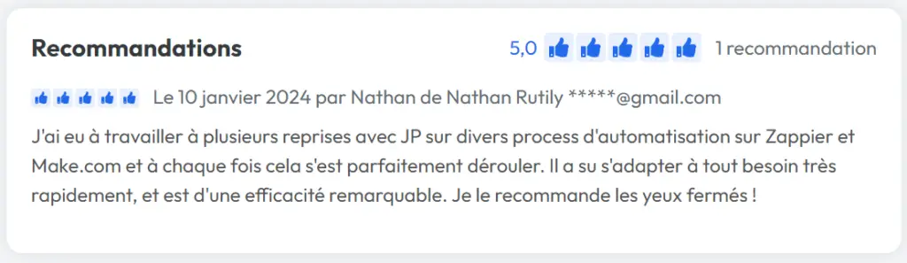 Avis cinq étoiles expert automatisation Zapier et Make 1