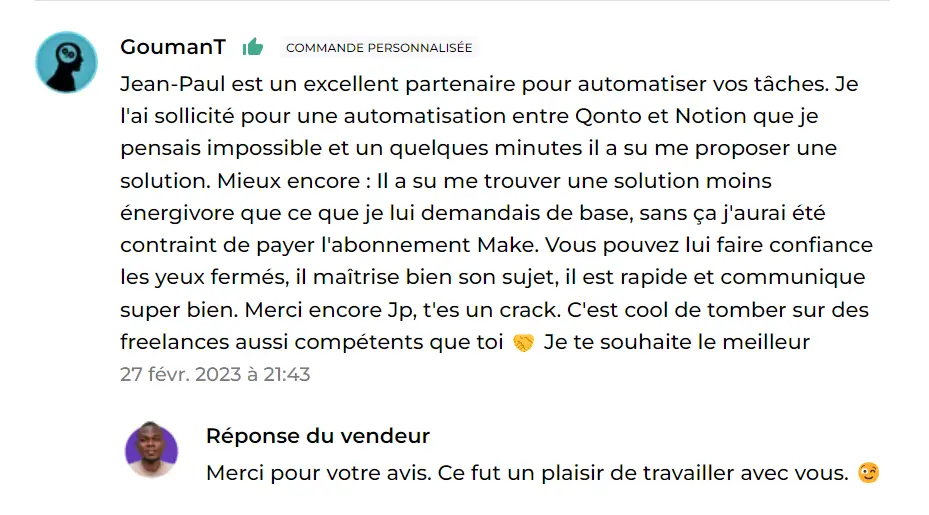 Avis comeup cinq étoiles expert automatisation Zapier et Make 1